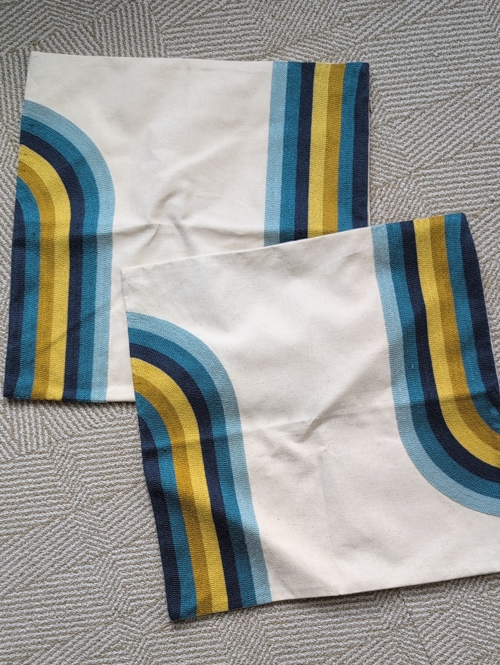 Set of 2 Retro Rainbow Stripe Linen-Blend Pillow Covers Shams Blue & Mustard